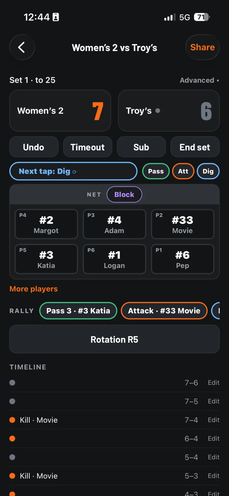 volleyOS Advanced scoring with Coach: a court of six players and the rally so far