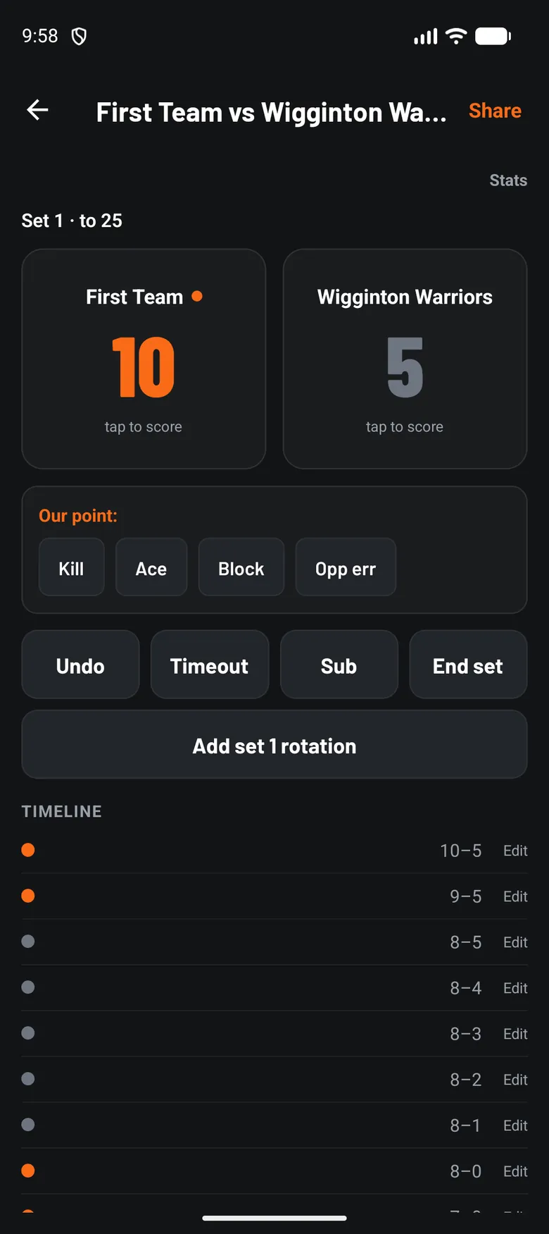 volleyOS courtside scoring screen showing First Team leading 10 to 5