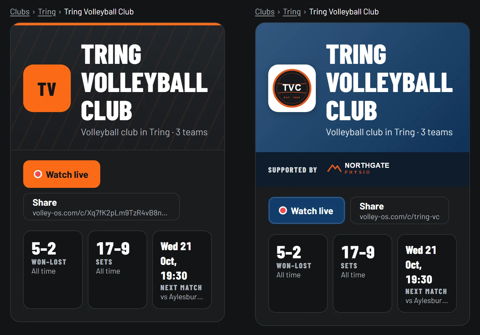 The same club page on Free and Club: Free uses the volleyOS theme; Club adds a navy hero, club crest, sponsor and a short page address.